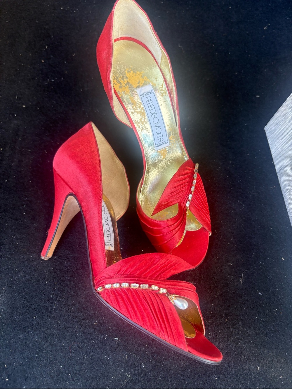 Vintage Rene Caovilla Red Satin Open-Toe Heels, Crystal & Pearl accents- 36.5
